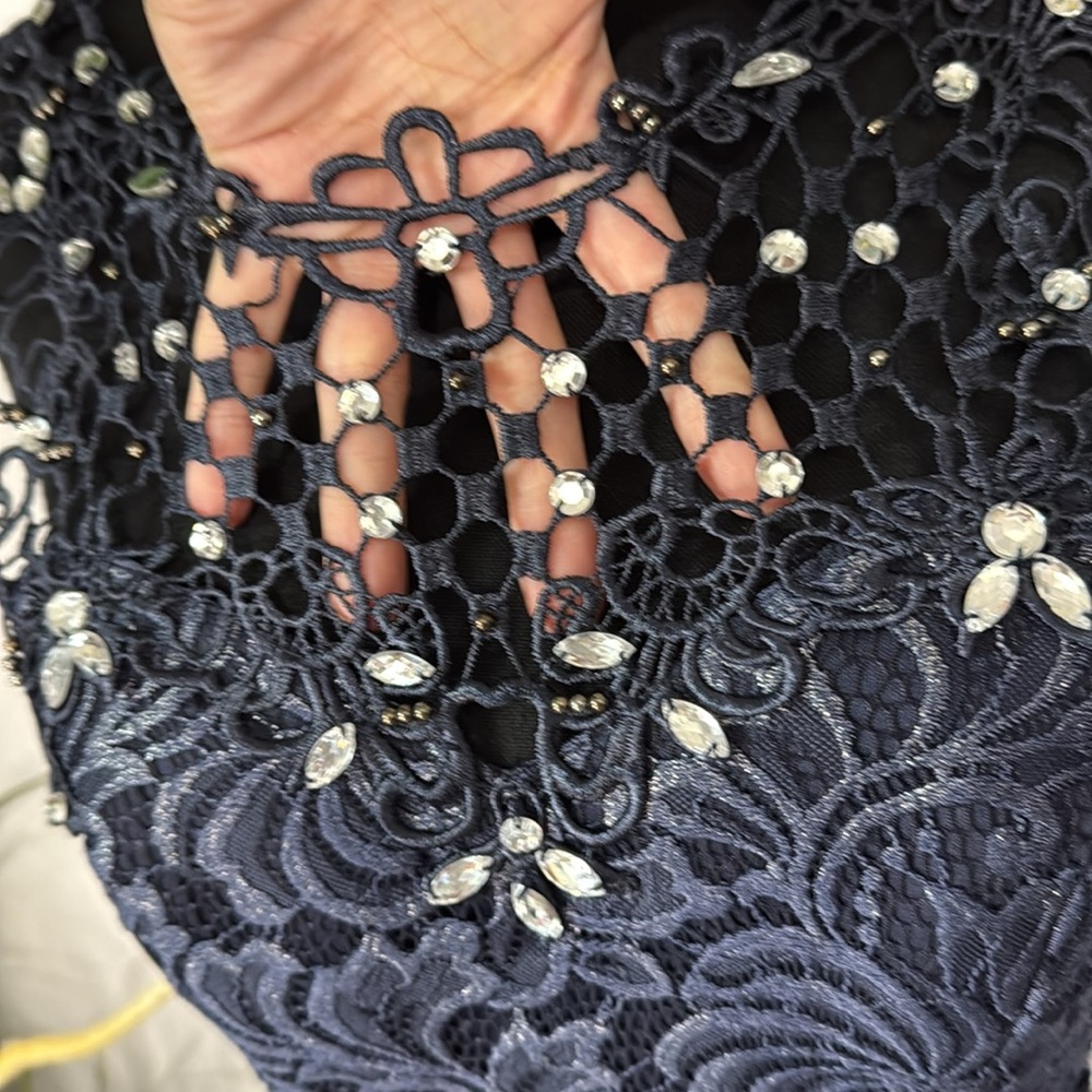 ❤️ City StudioNavy Blue Lace Rhinestone Crochet Cutout Sleeveless Dress 5 - Picture 4 of 8